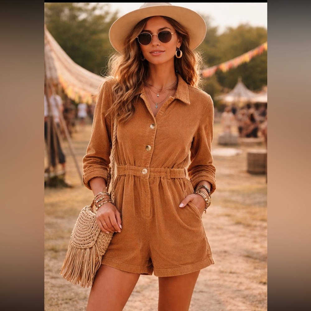 POL Corduroy Romper Long Sleeve Button Front Camel Brown Playsuit Boho Small
